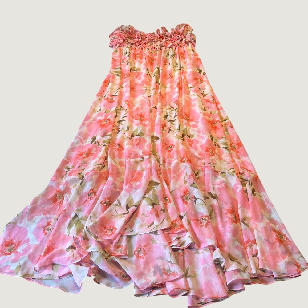 NWT MISA Los Angeles Women's L Maxi Dress Pink Floral Strapless Ruffle High Low - Picture 2 of 7